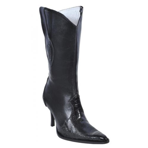 Los Altos Ladies Black Genuine Ostrich Leg High Top Boots With Zipper 370505